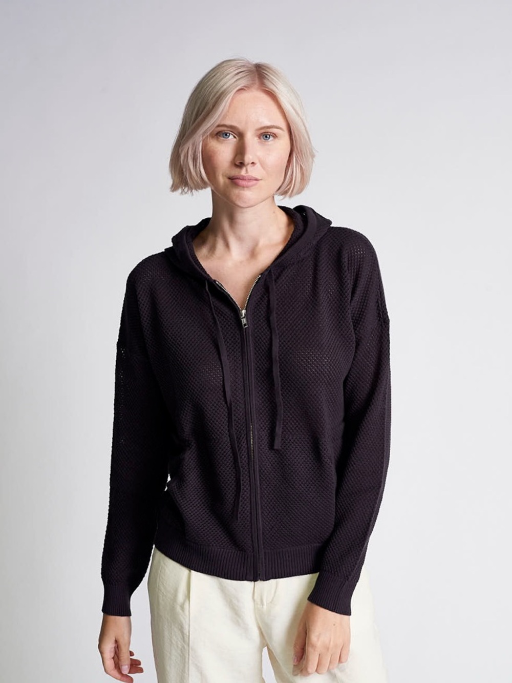 NWOT Kokun Mesh Zip Up Hoodie Zip-Front Knit Hoodie - Women's Sz S Black